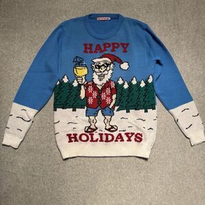 Ugly Christmas Sweater Mens Medium Blue Santa On Vacay Happy Holidays Party